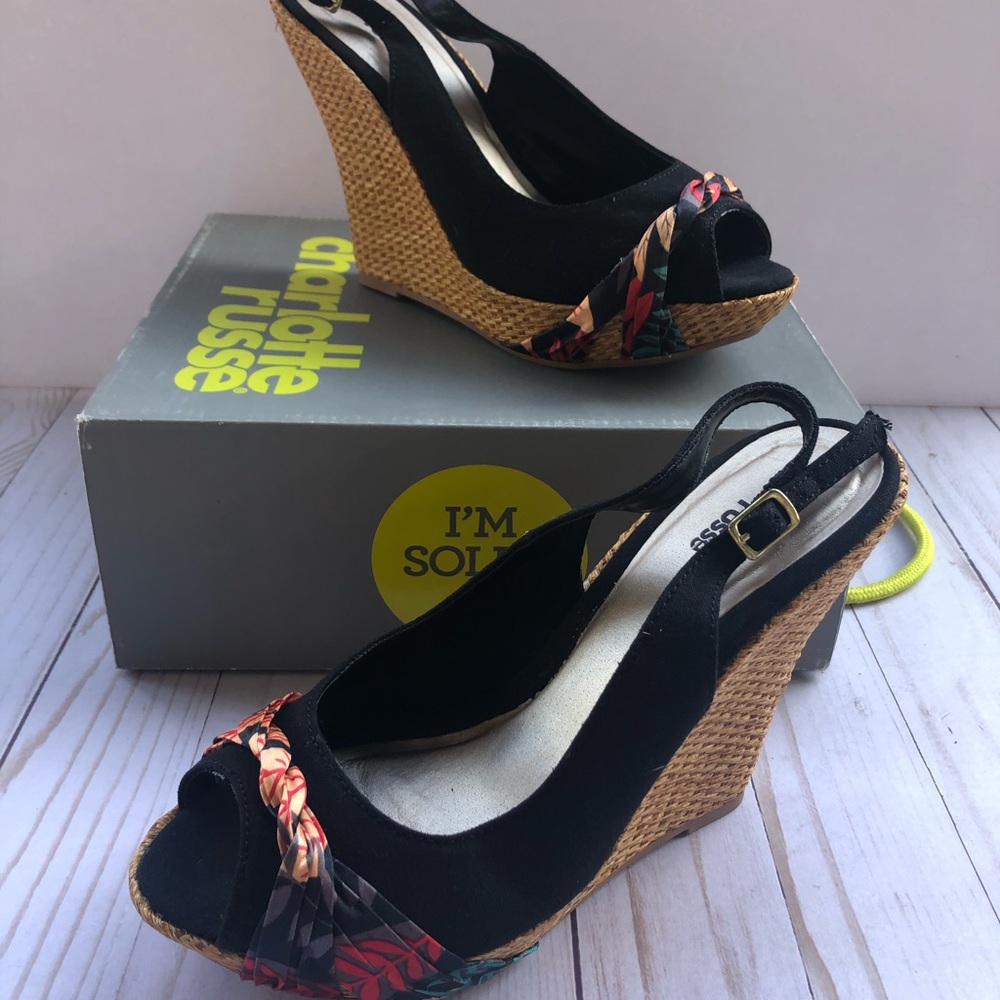 Black Floral Platform Wedges